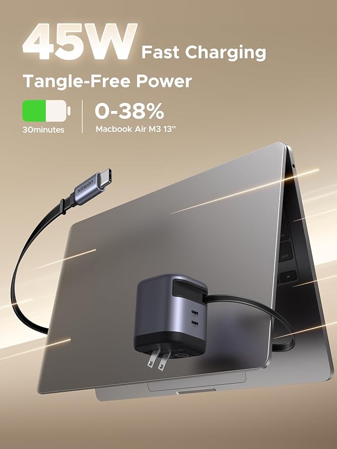 UGREEN Nexode 45W 3 in 1 Compact GaN Charger, Retractable USB C Fast Wall Charger with Foldable Plug, Compatable for iPhone 16/15/14/13/12/11 Series, Galaxy, Pixel, iPad, Space Grey