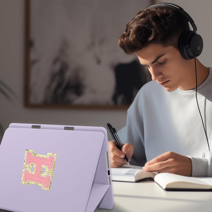 for iPad 9th Generation 10.2 Inch 2021/2020/2019 Case Initial Chenille Letter Suture Personalized for iPad 9th/8th/7th Generation Case with Auto Sleep/Wake Pencil Holder (Black A)