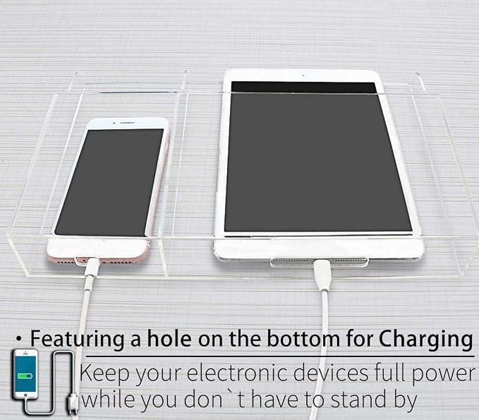 Clear Wall Tablet Holder Acrylic Wall Mounted Phone Holder for iPad Remote Control Holder Laptop Stand for eReader Storage Caddy with Charging Holes for Kindle iPhone