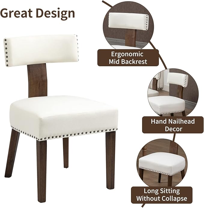 Upholstered Wooden Farmhouse Dining Chairs Set of 4, Mid-Century Modern Fabric Dining Room Chairs with Wood Legs, Curved Backrest Kitchen Armless Accent Chairs for Living Room, Beige