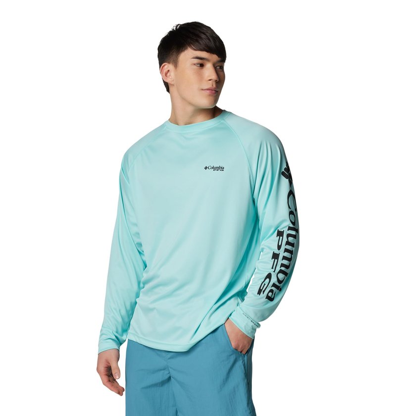 Columbia Men's PFG Terminal Tackle Long Sleeve Fishing Shirt, Gulf Stream/Black Logo, X-Small