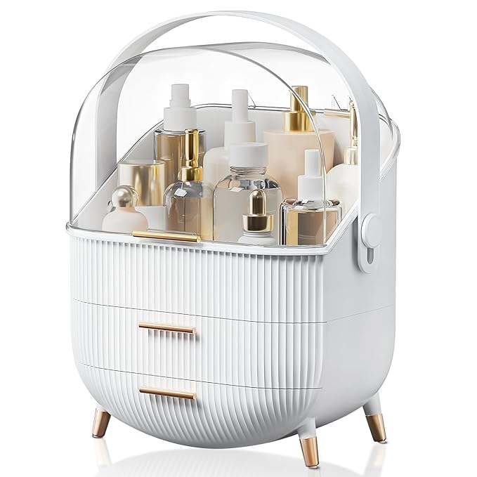 Makeup Organizers, Make Up Organizers for Vanity, Countertop Cosmetic Storage with Drawers and Transparent Cover for Bedroom Bathroom(White)