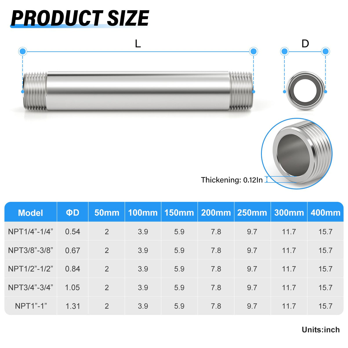 TAILONZ PNEUMATIC 1/2" NPT Male x 1/2" NPT Male 304 Stainless Steel Pipe Nipple, 12" Length Thickened Cast Pipe Fitting, Threaded Connector（Pack of 3）