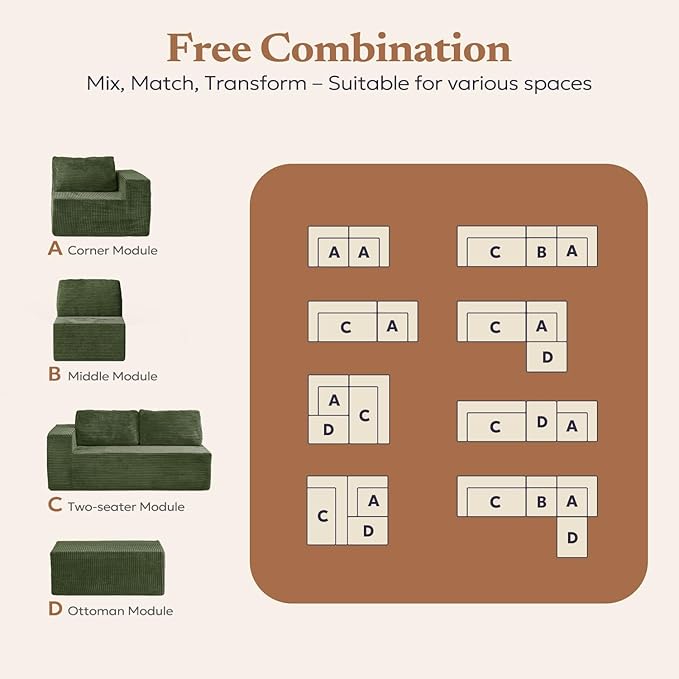 67" Loveseat Sofa, Cloud Modular Couch, Upholstered Floor Sofa with Deep Seat, Upholstered Foam Sofa for Bedroom Living Room, No Assembly Required (Green, Plush Corduroy Fabric)