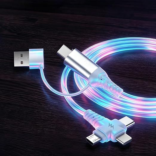 IHAO Multi Ports Light-Up USB Cable USBA to USBC/MicroUSB Cable Durable Fast Charging Cable with Visible Current Flow As Night Light Use-3in1 Blue