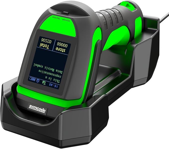 Symcode 2D Screen Barcode Scanner Wireless with Charging Stand,2 in 1 Wireless 433Mhz and Bluetooth 2600mAh 1D 2D Bar Code Scanner with Charging Stand for Store, POS, CPU, iPhone, Android