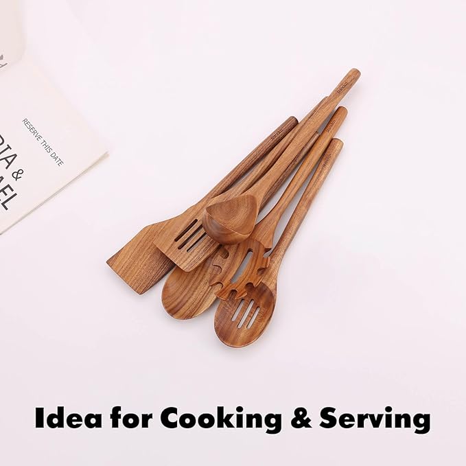 Round Handle Utensils Set - Handmade Acacia Wood Spoons for Cooking, 6 PCS