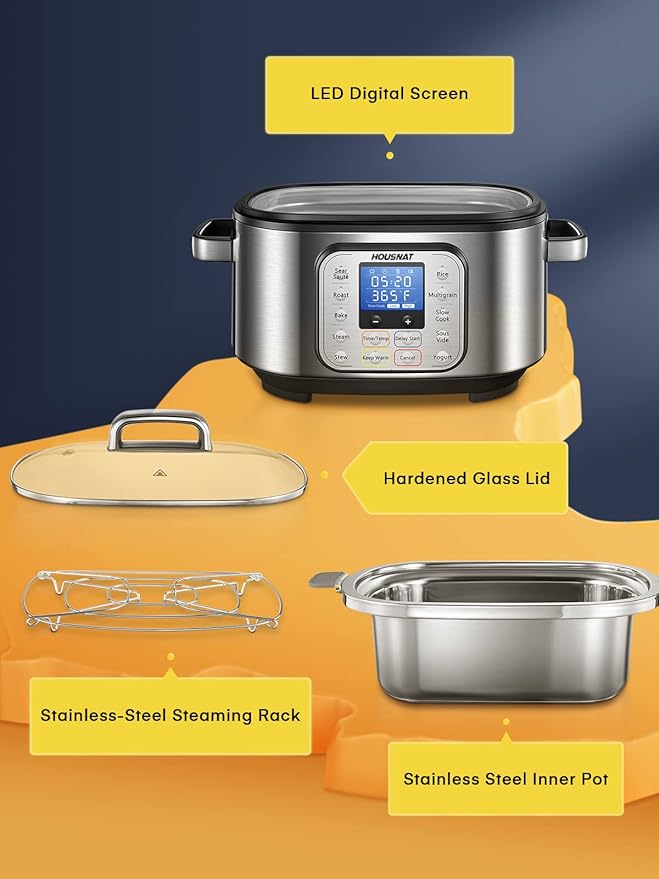 HOUSNAT Slow Cooker 6 Quart 10-in-1 Programmable Stainless Steel Pot