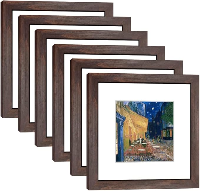 8x8 Walnut Picture Frame Set of 6 with Real Glass for Pictures 5x5 with Mat or 8x8 Without Mat, Wall or Tabletop Gallery Photo Frames