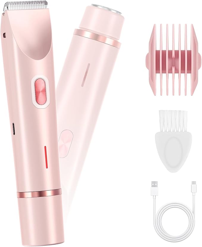 Bikini Trimmer for Women 2 in 1 Dual Head - IPX7 Waterproof Painless Electric Razors for Beauty, Pubic Hair, Face, Legs & Underarms– Portable Cordless Shaver with Fast Charging, Easy Cleaning (Pink)