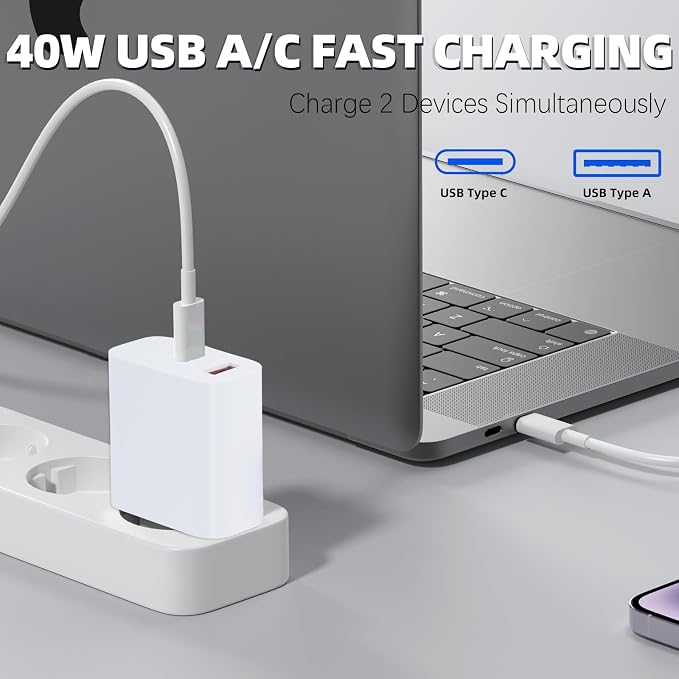 iPhone 17 16 15 Charger Fast Charging40W Dual Port A/C Phone Charger Fast Charging USB C Wall Charger Block Quick 10FT Type C Charging Cable for iPhone 17/17 Pro Max/17 Air/16 Pro/16e/15 Plus/15 Pro