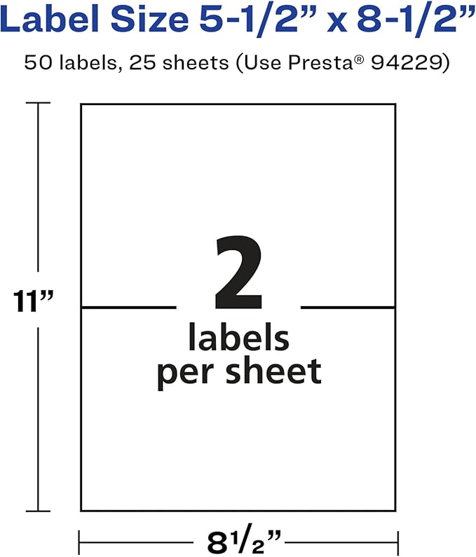 Avery Glossy White Rectangle Labels, 5.5" x 8.5", 50 Glossy White Labels, Permanent Adhesive, Laser/Inkjet Printable