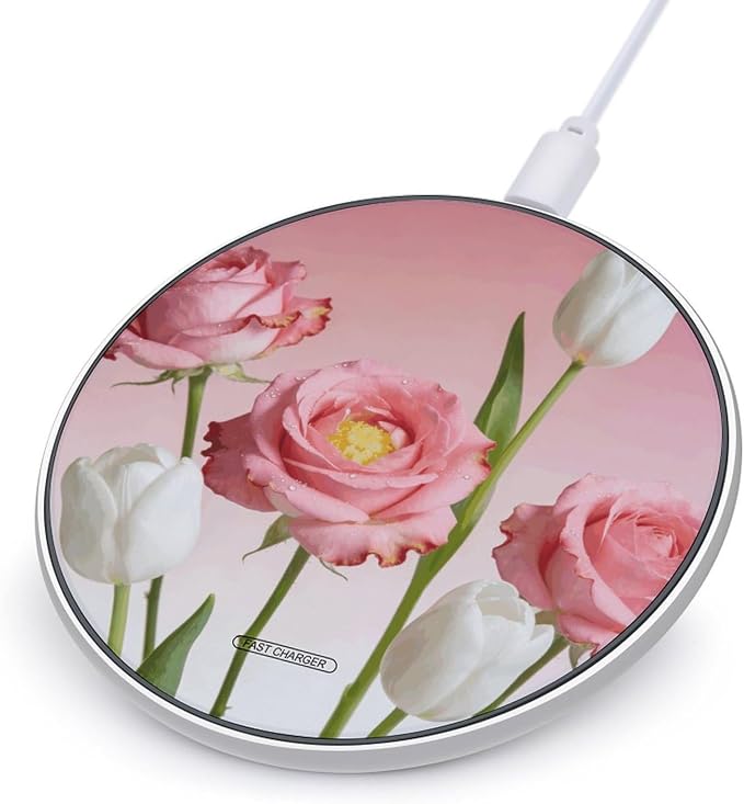 Pink White Flower Wireless Charger with Aluminum Alloy Frame Qi Certified Fast Wireless Charging Pad 10W Charging Station Portable Phone Charger for All Wireless Charging Phone