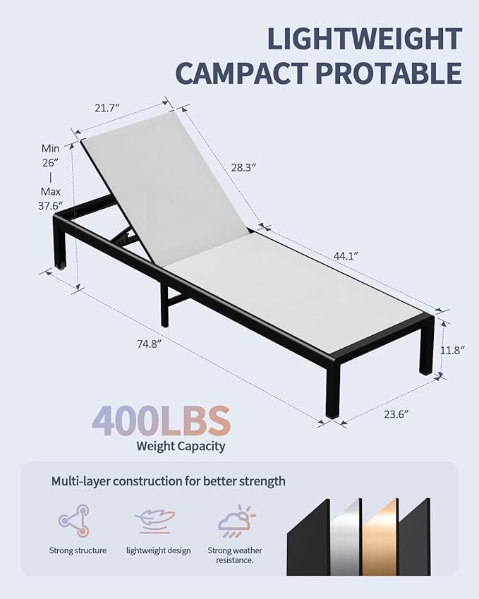 Aluminum Lounge Chairs Outdoor Chaise Furniture,2 Sets Patio Metal Deck Lounger Adjustable 5-Position Poolside Chase Recliner with Wheels for Beach,Coffee Table, (White, 2 Chairs + Table)