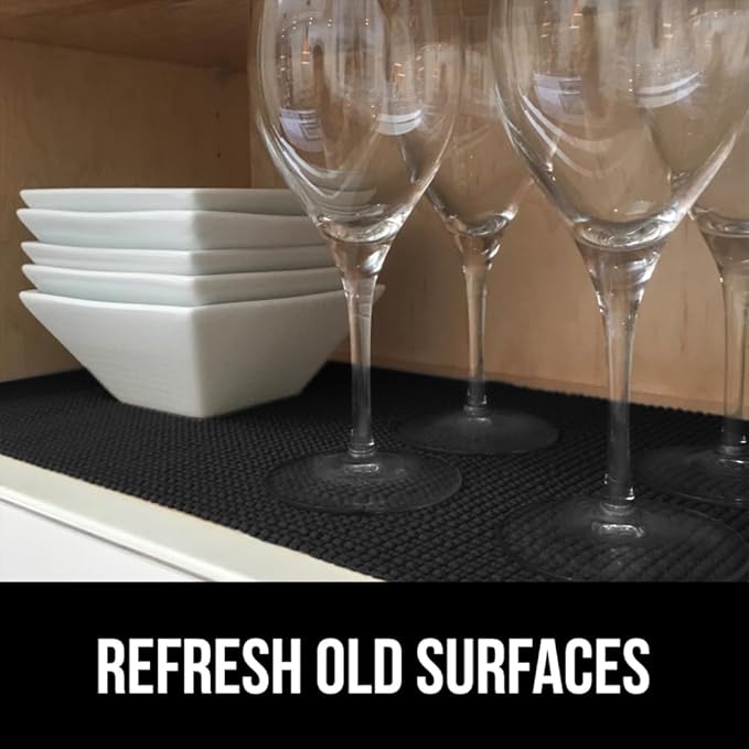 GORILLA GRIP powerGRIP Drawer Shelf and Cabinet Liner, Thick Strong Hold, Non-Adhesive Liners Protect Kitchen Cabinets and Cupboard, Bathroom Drawers, Easy Install, Breathable Mat, 17.5" x30', Black