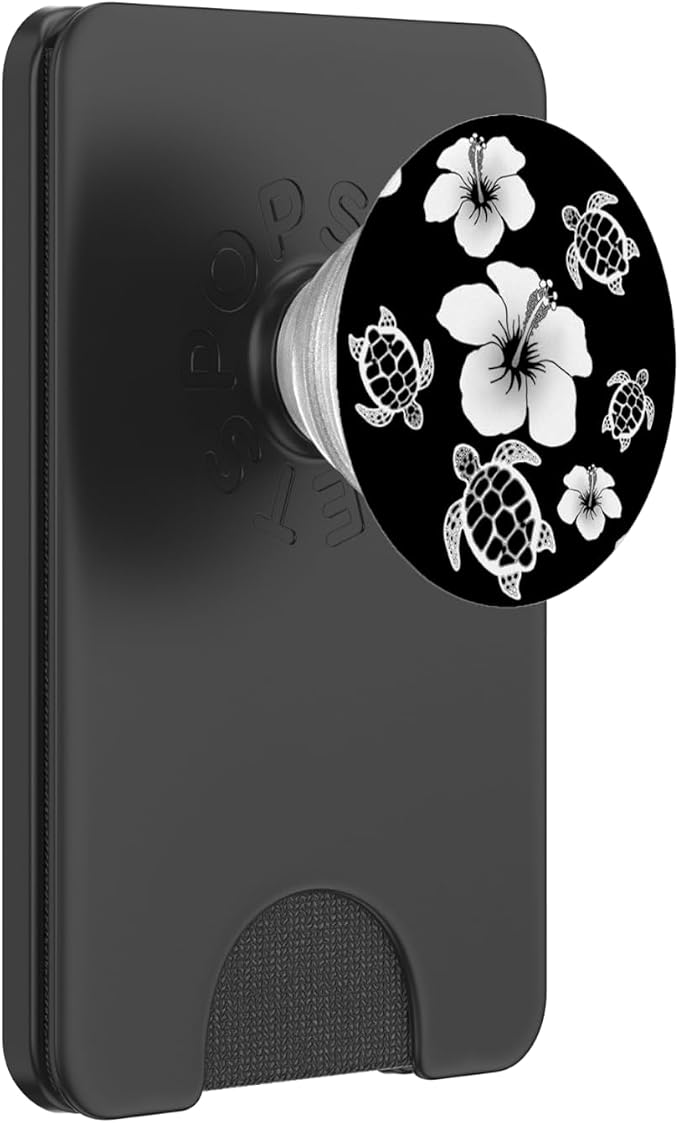 Black and White Hawaiian Island Floral Turtles PopSockets Adhesive PopGrip