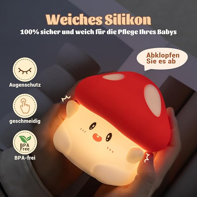 Rytinazzz Hug Mushroom Night Light, 50-Hour Battery & Pat Control, Squishy Lamp for Kids Bedroom, Girls, USB Rechargeable with Timer, Valentines Gifts