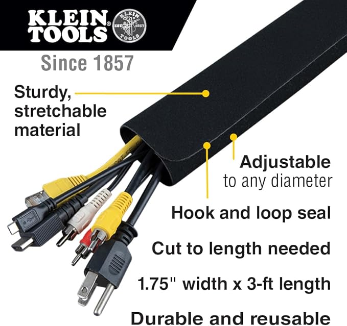 Klein Tools 450-330 Cable Management Sleeve, Cord Management for Home, Office or Job, 1-3/4-Inch Max Diameter, 3-Foot Length, Black, 2-Pack