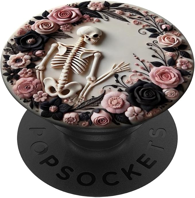 Whimsigoth Skeleton Pink Black Floral Skull Roses Halloween PopSockets Standard PopGrip