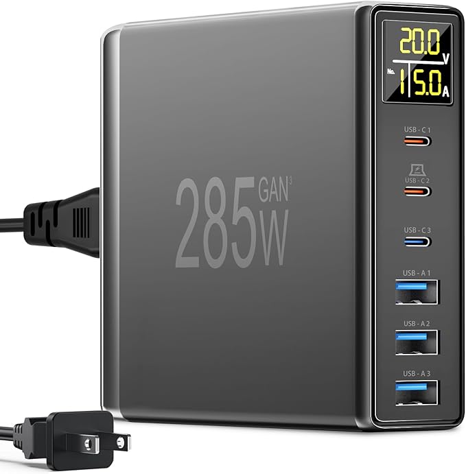 YSYFAD 6 Port USB C Charging Station with Digital LCD Display - GaN Fast 100W USB C Charger for MacBook Laptops, iPad, iPhone, Samsung - Black