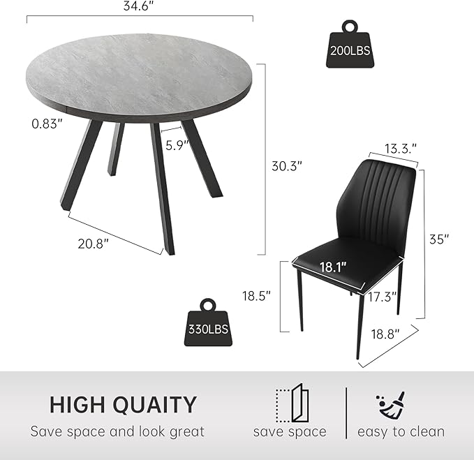 34.6'' Round Dining Table and Chairs for 4, Mid Century Modern Round Table Set, Space Saving for Apartment Kitchen Dining Room (Grey Table+4 Black Chairs)