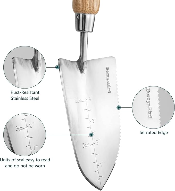 Berry&Bird Garden Serrated Planting Trowel, Multifunctional Shovel with ash Wood and Stainless Steel Digging Trowel Transplanter