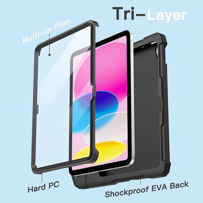 JETech Kids Case for iPad (A16) 11th/10th Gen Black | For 2025/2022 Model Built-in Screen Protector 360 Handle Stand Shockproof Kid-Friendly