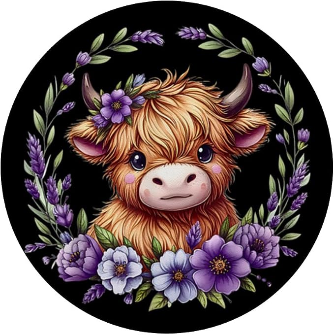 Baby Highland Cow with Purple Flowers Scottish Farm PopSockets Adhesive PopGrip