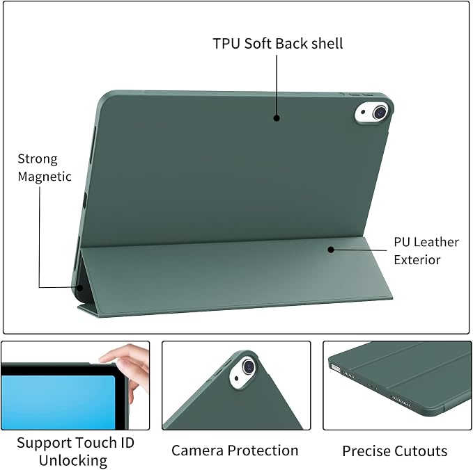 Case for iPad Air 11 Inch M4/M3/M2 iPad Air 5th/4th Gen 10.9 Inch | Soft TPU Back Shell &amp Slim Trifold Stand Cover without Pencil Holder Support Pencil Charging Auto Wake/Sleep Black