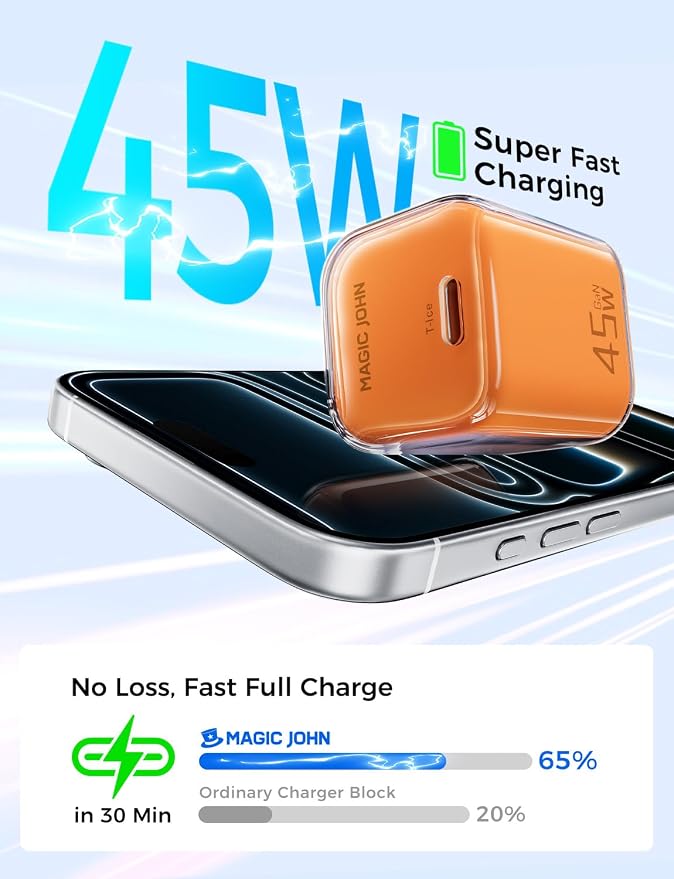 MAGIC JOHN 45W PD USB C Charger Fast Charging Wall Power Adapte Blue | Compact Size Safe PD Fast Charging Stable Power Output Universal for Cell Phones Tablets &amp Light Laptops