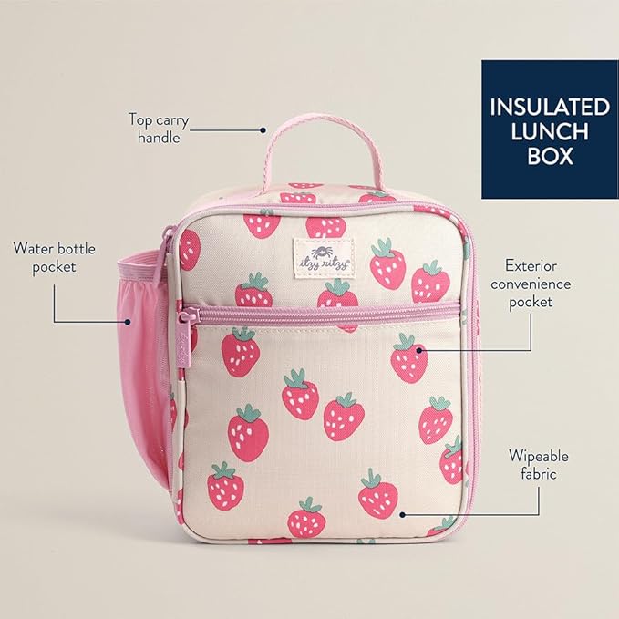 Itzy Ritzy Toddler Lunch Box - Kids Lunch Bag is Insulated and Includes Water Bottle Holder Plus 2 Pockets - Durable, Easy to Clean Toddler Bag (Strawberry)