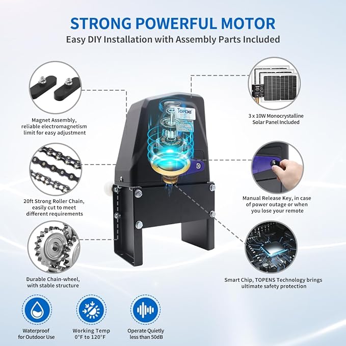 TOPENS DKC1100S Solar Sliding Gate Opener Chain Drive Automatic Gate Motor for Heavy Driveway Slide Gates Up to 2600 Pounds, Electric Gate Operator Battery Powered with Solar Panel Remote Control Kit