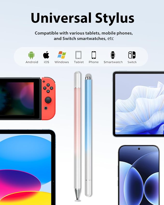 Stylus Pens for Touch Screens 2 in 1 Capacitive Pen High Precision Universal Stylus Pen for iPad Compatible with Switch iPhone iPad Android Tablets and Smartphones 2 Pack - (Blue/Pink)