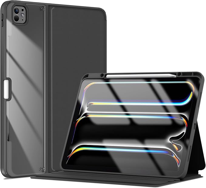 ProCase Clear Back Folio Book Case for iPad Pro 13 M5 / M4 Black | Hard Shell Protective Book Cover Built-In Pencil Holder Layout Convertible Tri-Angle Folio Stand