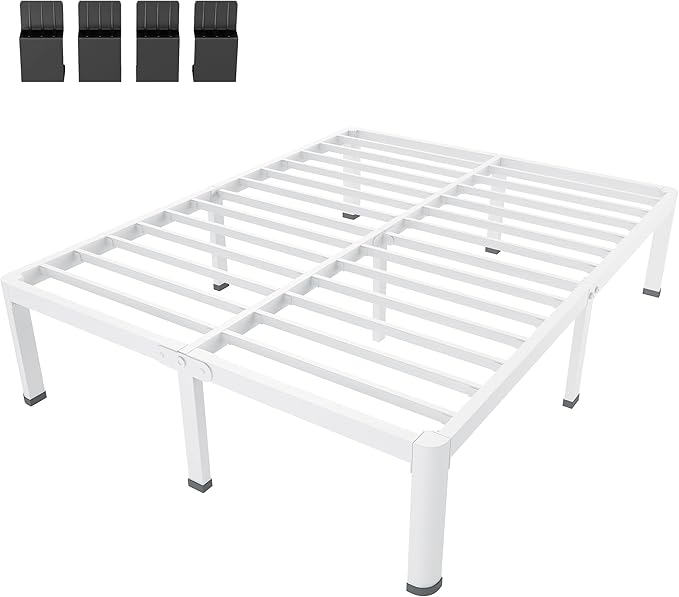 MAF 18 Inch King Size Bed Frame White with Round Corner Legs Mattress Slide Stopper No Box Spring Needed Heavy Duty Metal Platform Bed Frames Under-Bed Storage Space, 3000 LBS Steel Slats Support