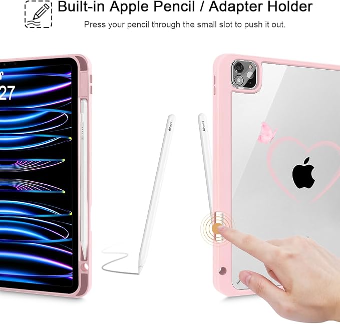 May Chen Case for iPad 12.9 Inch (6th/5th/4th/3rd Generation 2022/2021/2020/2018) Pencel Holder + Trifold Support Auto Sleep/Wake Transparent Shockproof Back Cover Blue Bows