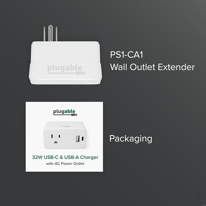 Plugable Outlet Extender with USB-C &amp USB-A Fast Charging - Wall Charger Block for iPhone 15/16. Pass-Through Design Travel &amp Office