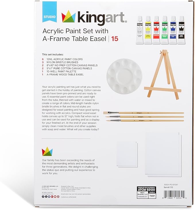 KINGART 15-Piece Artist Painting Set with 6 Vivid Acrylic Paint Colors, 12" Easel, 4 Canvas Panels, 3 Brushes, Painting Palette - School, Students, Adults, Gift Giving