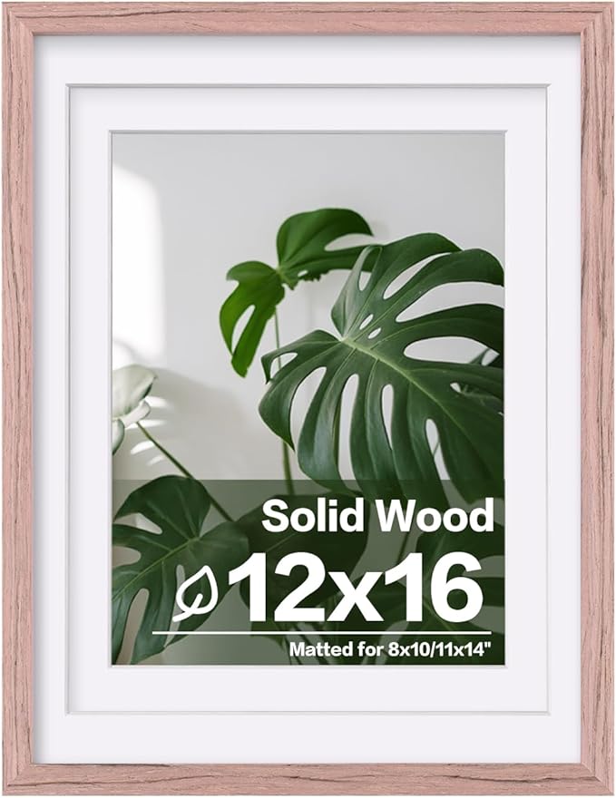 Egofine 12x16 Picture Frame Made of Solid Wood, Display Covered by Plexiglass, Display Pictures 9x12/11x14 with Mat or 12x16 Without Mat for Wall Mounting, Peach Pink