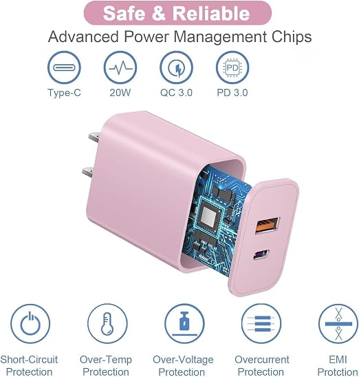 10FT iPhone 17/16e Fast Charger2Pack 20W Dual Port USB A+C QC Apple Adapter with 10 Foot USB C to C Fast Charging Cable Cord for iPhone 17Air/17Pro/17Pro Max/16/16Pro/15/15Pro/Pro Max/Plus(Blue/Pink)