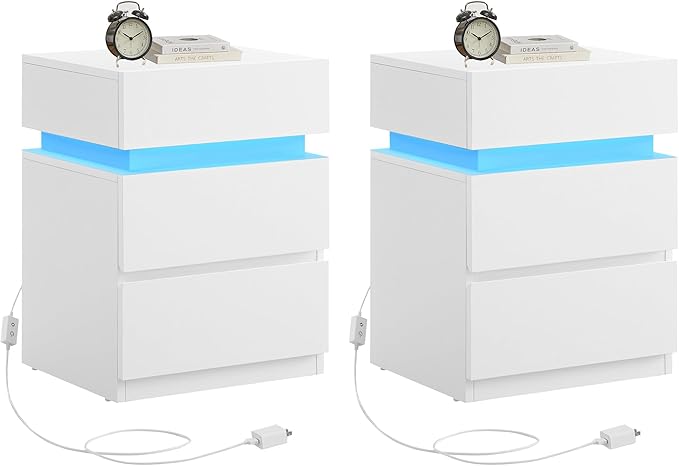 VASAGLE Nightstands with LED Lights, Set of 2, Adjustable Light Colors, Bedside Tables, Side Tables with 3 Drawers, Modern Style, 13.8 x 15.7 x 21.7 Inches, Cloud White ULET799T12