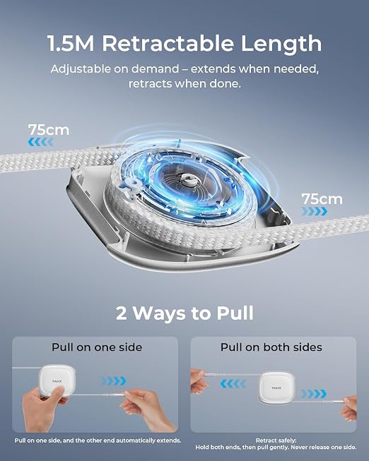 TALIX 240W Retractable USB C to USB C Cable PD 3.2 Fast Charging-3.94FT | Mag Snap Storage E-Marker Chip Anti-Tangle Retractable Cord for Travel MacBook iPhone 17 Samsung S25