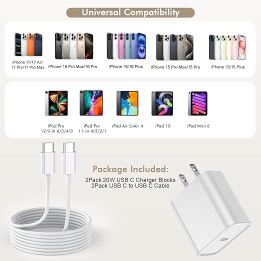 iPhone 17 16 15 Charger Fast Charging 2Pack 10FT Extra Long USBC to C Cable Cord with 20W Apple iPad USB C Fast Charger USB C Wall Charger Block for iPhone 17/16 Pro Max/17 Air/16 Pro/15/15 PlusiPad
