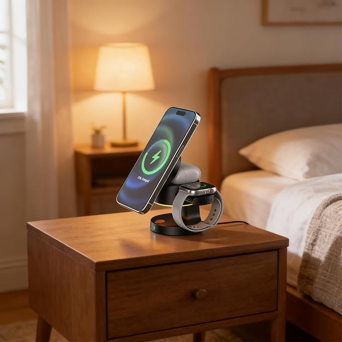 4-in-1 Magnetic Wireless Charging Station 15W Fast Wireless Charger Dock with Retractable Watch Charger &amp LED Night Light Foldable Charging Stand for Phones Smart Watches Black