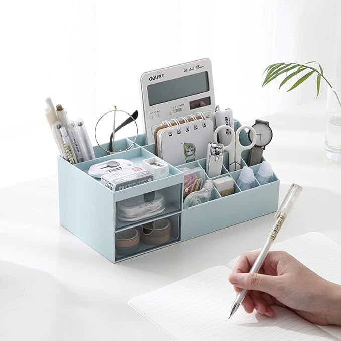 Vanity Makeup Organizer, Cosmetic Storage Organizer/Box, Mini Desk Storage for Office Supplies, Bathroom Counter or Dresser, Blue