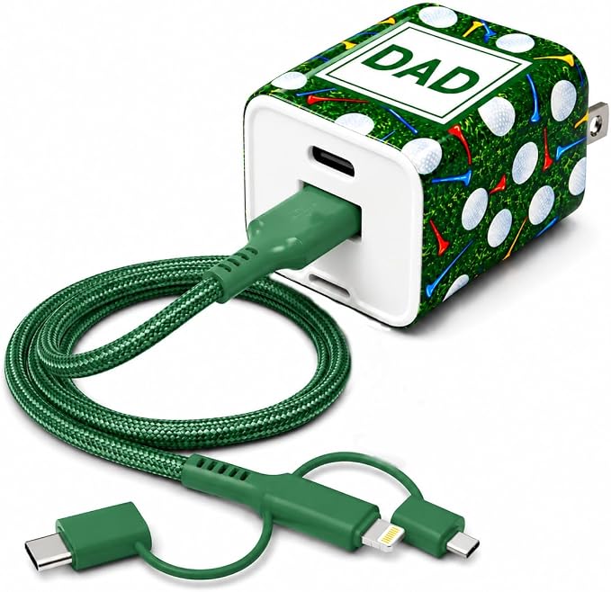 Classy Chargers DAD 20W GaN Fast Charger Gift Set Dual USB-C &amp USB-A Wall Adapter with Universal 3-in-1 Charging Cable for Man (Golf Dad)