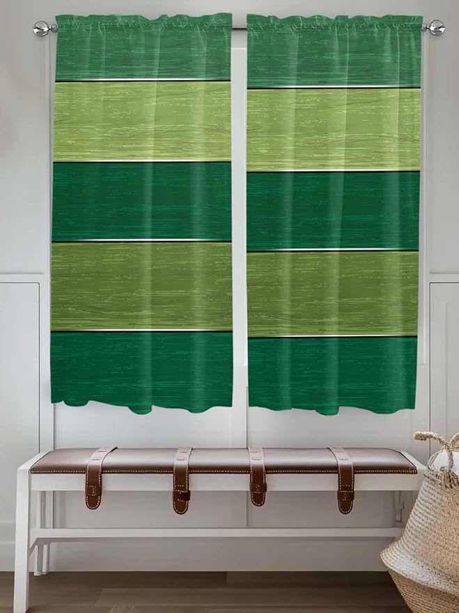 Farm Retro Green Wood Grain Window Valance Curtains, Rustic Wooden Plank