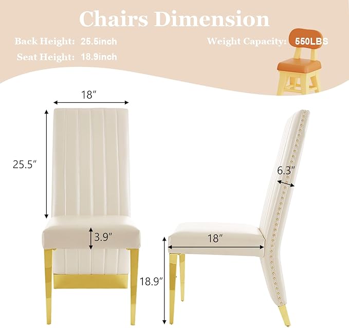 White and Gold Dining Chairs, White Faux Leather Upholstered Dining Chair Set of 4, Glam Nailhead Trim Dining Chairs with Gold Legs