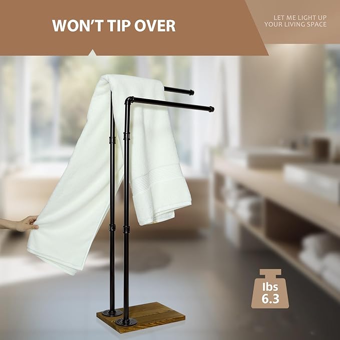 Hjarta 40 Inch Free Standing Towel Racks for Bathroom, Black Towel Holders with Wooden Base, 2-Tier Freestanding Towel Holder Stand for Bath Towel Sheet