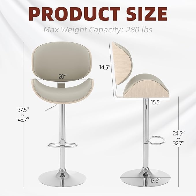 civama Bar Stools Set of 4 for Kitchen Counter, Adjustable Bar Height Chairs, Modern Swivel Barstools with Bentwood Seat and Back with Footrest for Kitchen Island, Dining Room, Grey PU Leather